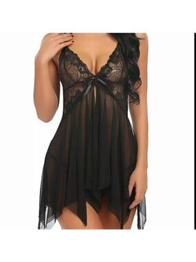 Black Lace Mesh Babydoll Night Gown Dress